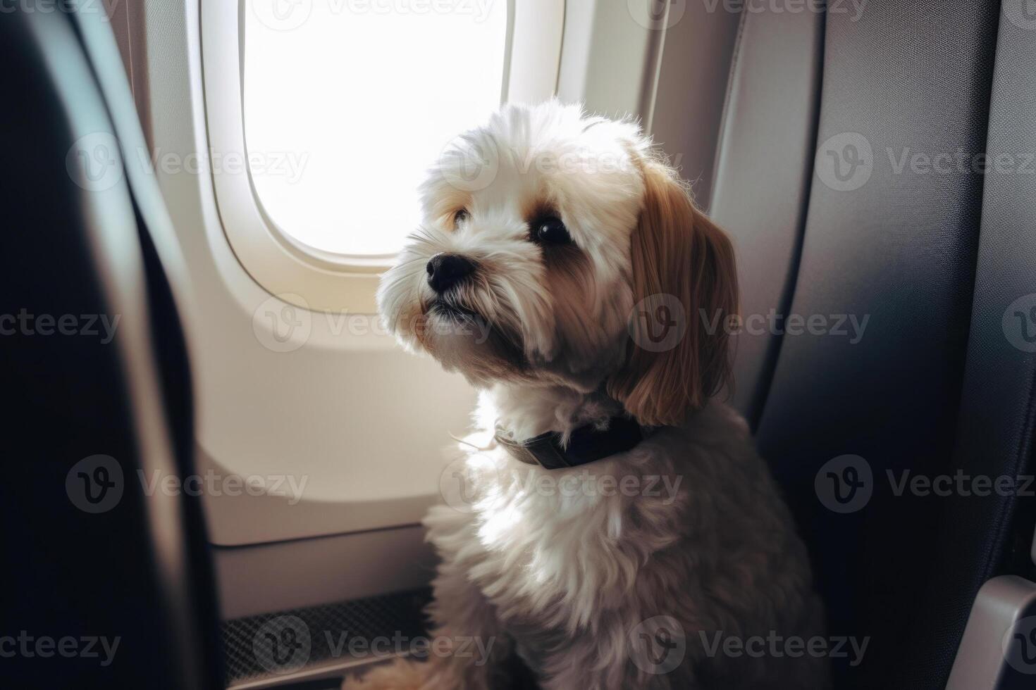 Dog near window on board an airplane Traveling with pets. photo