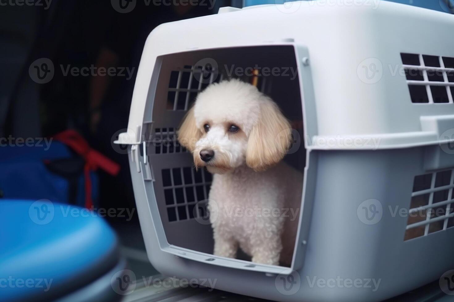 Dog in carrier cage. Travelling with pet. photo