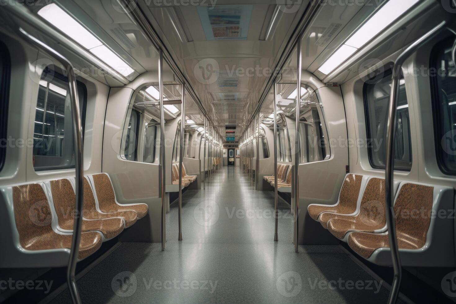 Interior of empty subway train wagon. Public transport. photo