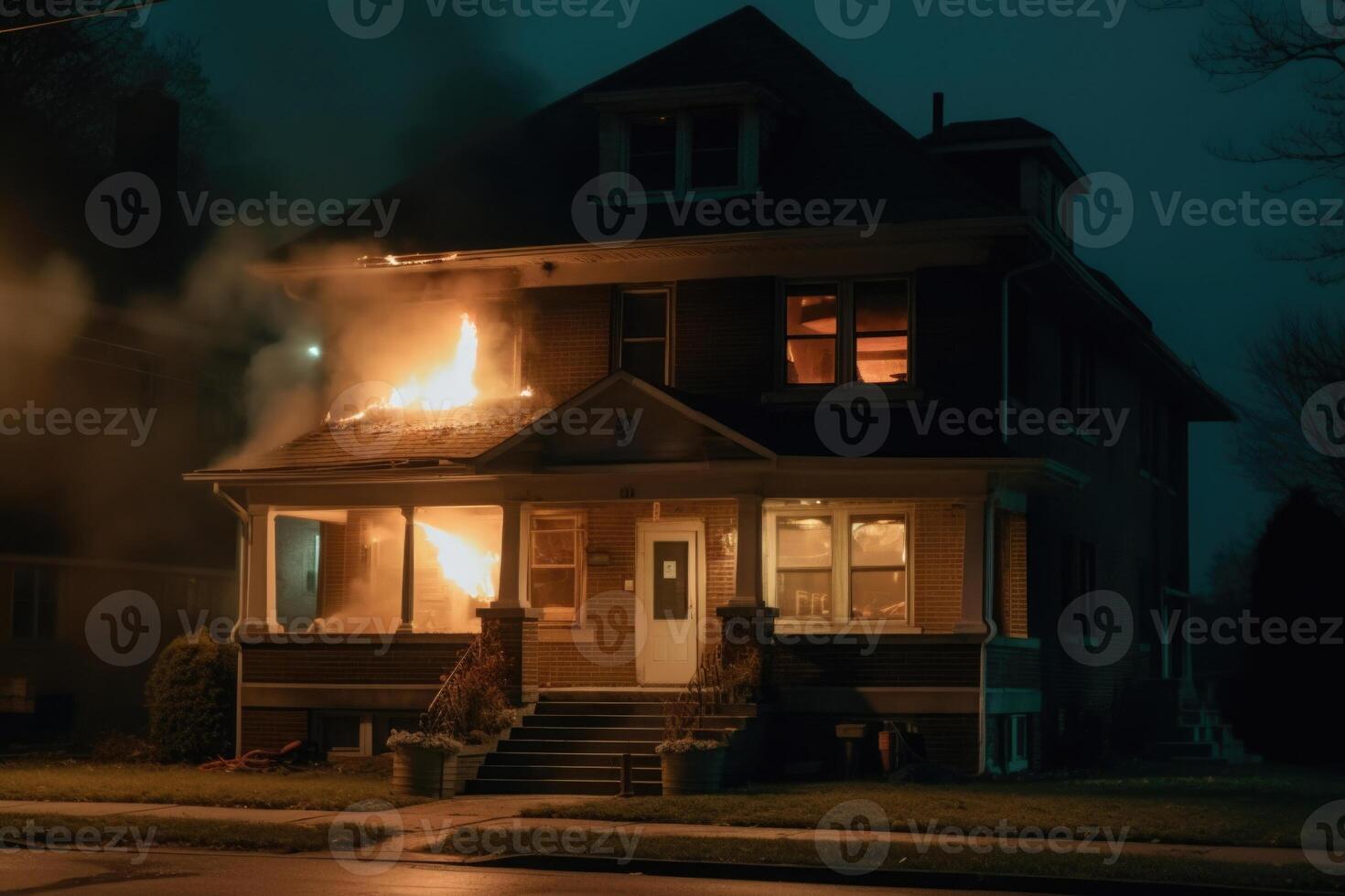 Burning house in the night. Residential house in fire. photo