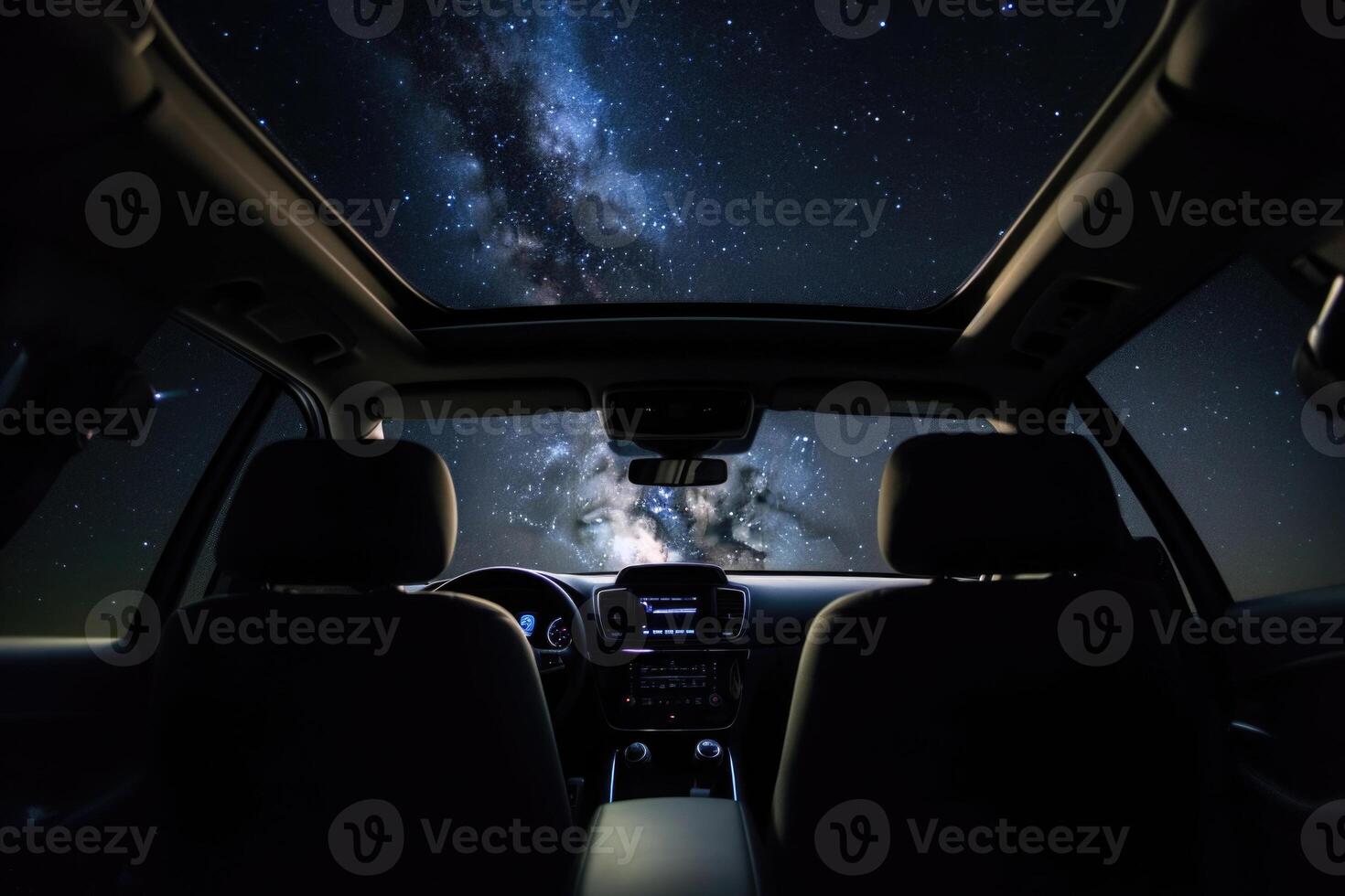 Car interior with space galaxy background. photo