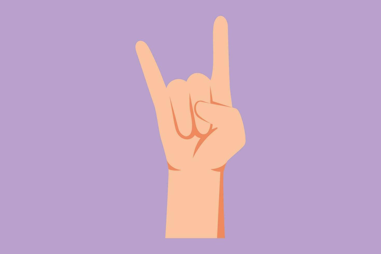 Character flat drawing rock on gesture symbol. Heavy metal hand gesture. Nonverbal signs or symbols. Hand variation shape concept. Rock n roll band music icon style. Cartoon design vector illustration