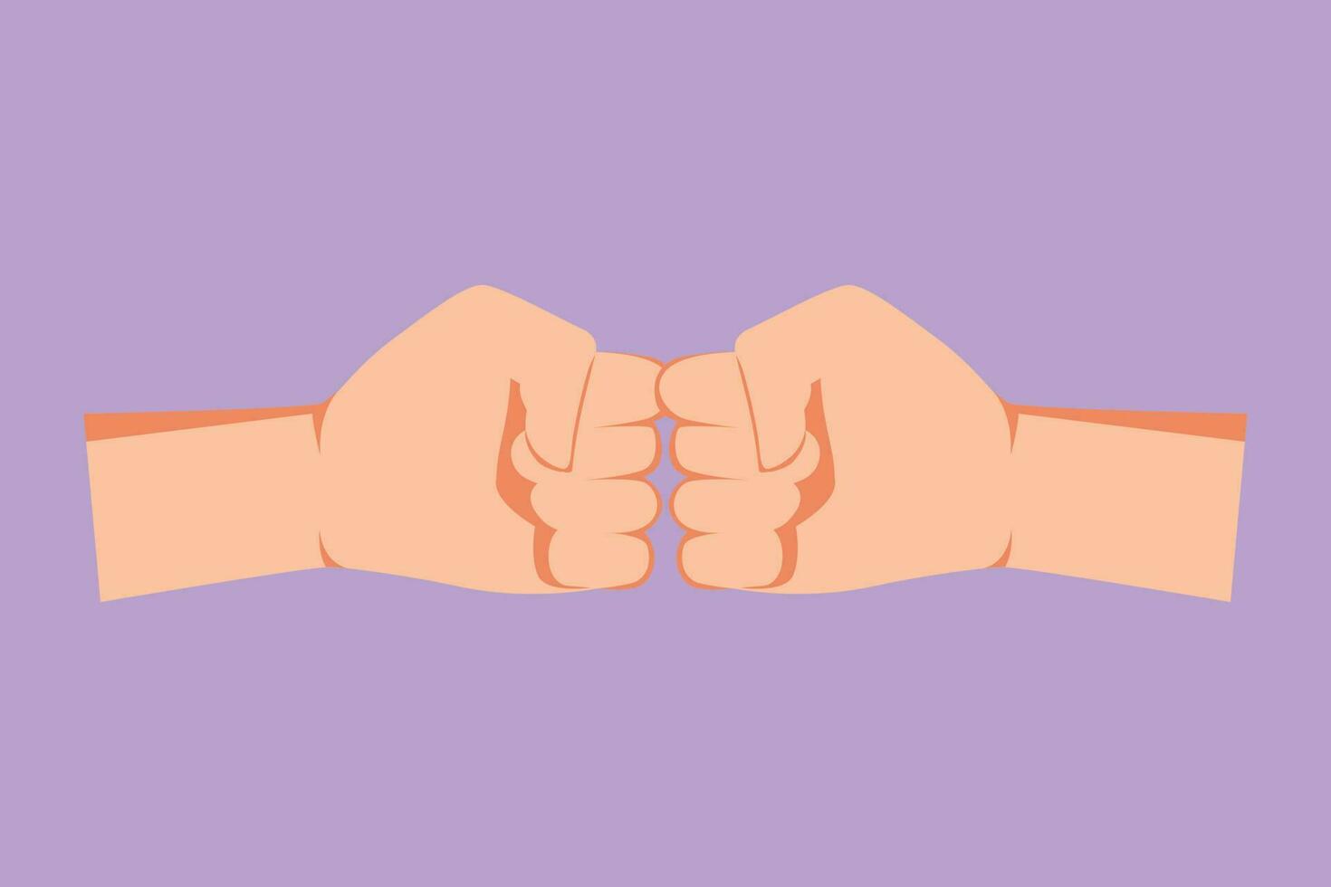 Graphic flat design drawing two hands make fist bump. Sign or symbol of power, hitting, attack, force. Two male hands that greet each other with fists bump gestures. Cartoon style vector illustration
