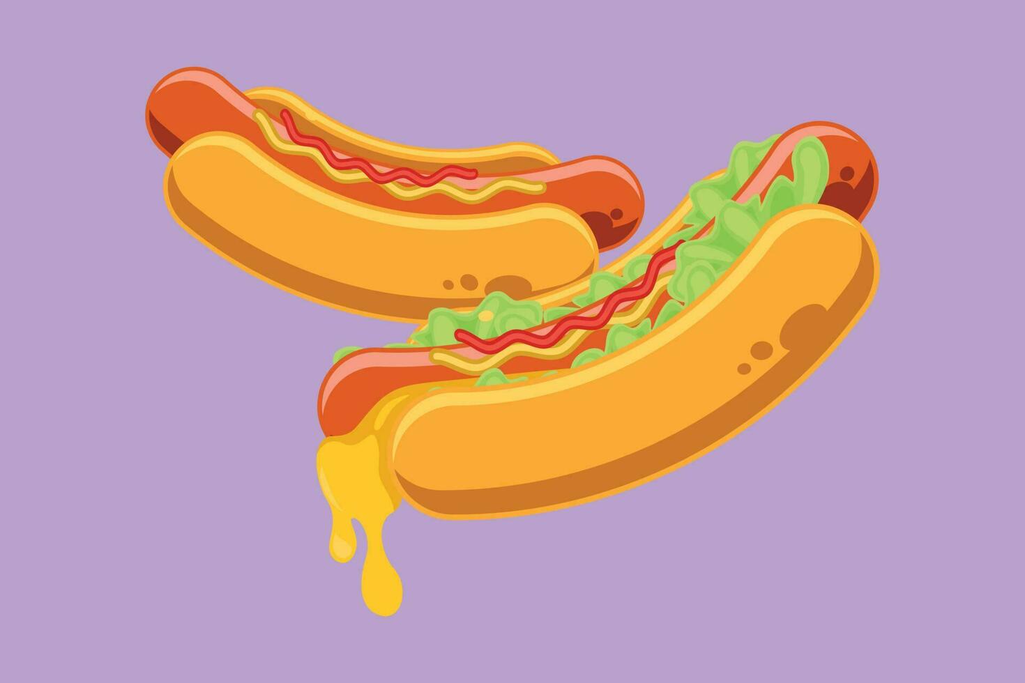 Graphic flat design drawing two fresh American hot dog logo graphic vector illustration. Fast food sandwich cafe menu and restaurant badge concept. Delicious lunch. Cartoon style vector illustration