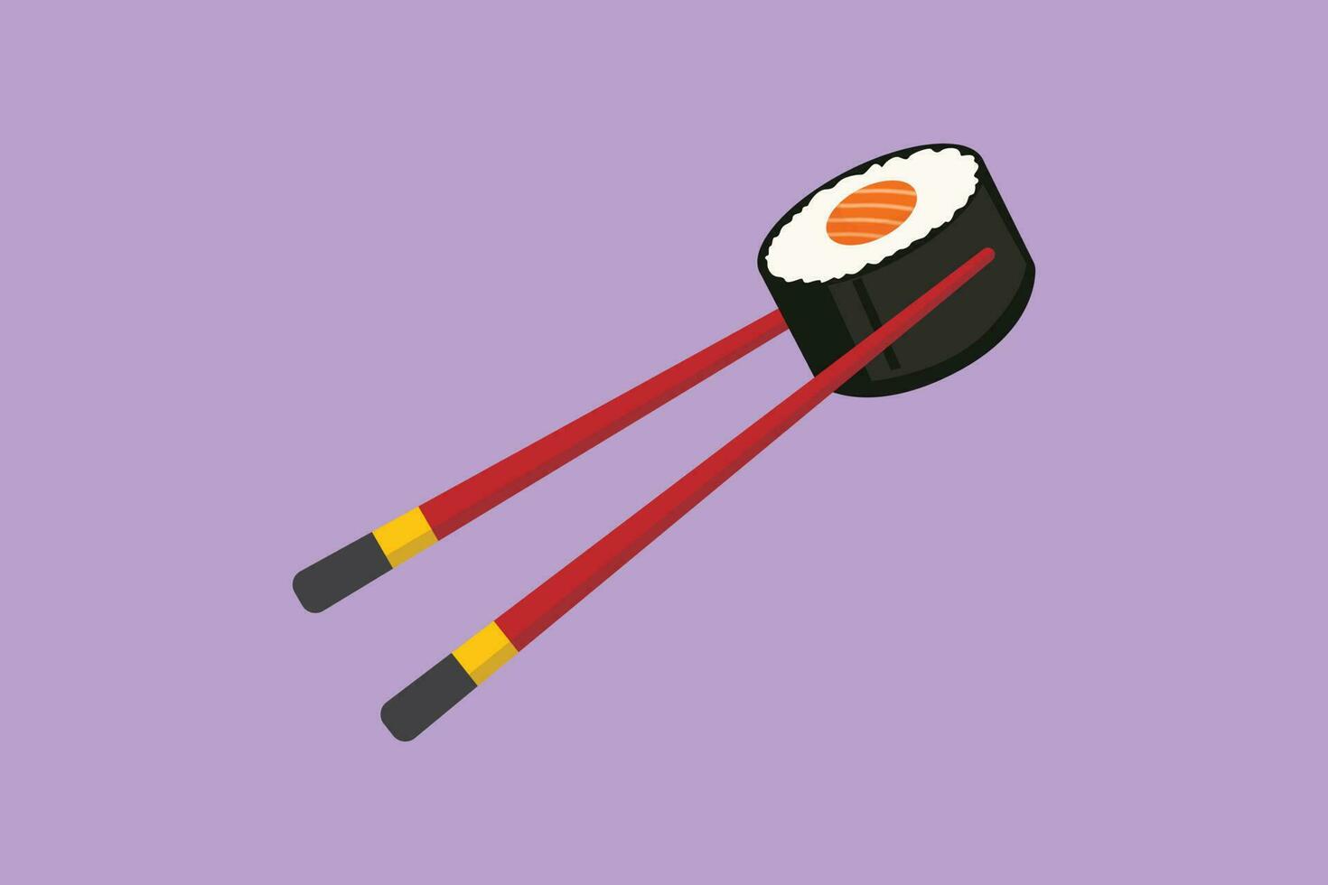 Graphic flat design drawing stylized Japanese maki sushi bar with chopstick logo label symbol. Emblem sea food restaurant concept for shop or food delivery service. Cartoon style vector illustration