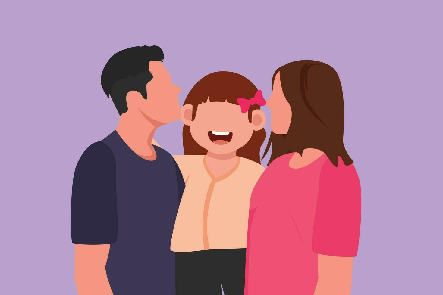 Character flat drawing of parents kissing their little girl on her cheeks. Adorable child with an innocent expression. National children day. Happy family with love. Cartoon design vector illustration