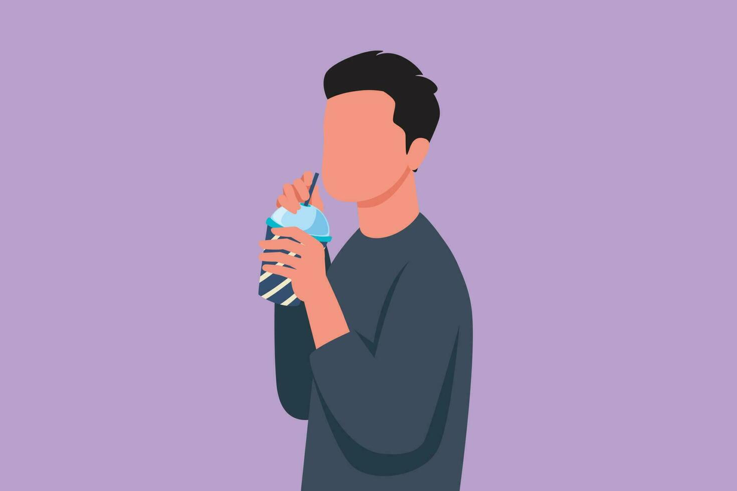 Cartoon flat style drawing side view of attractive man using straw and drinking smoothie juice from plastic cup. Male feel thirsty and try to refresh in hot summers. Graphic design vector illustration