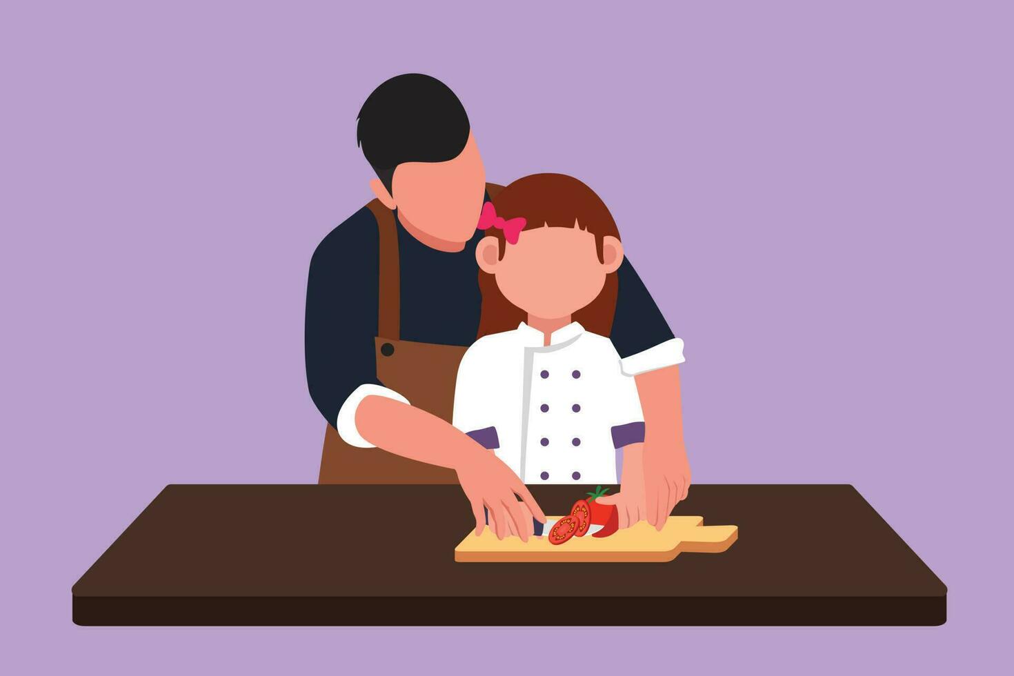 Character flat drawing father teaching his little daughter to cut vegetables and fruit. Healthy food at home. Happy family, dad and kid cooking together in kitchen. Cartoon design vector illustration