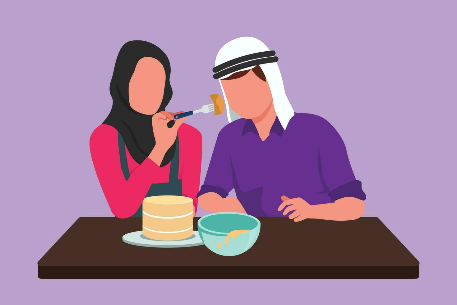 Character flat drawing husband tasting sweet cake food given by his beautiful wife. Happy romantic Arabian couple cooking for lunch together in cozy kitchen at home. Cartoon design vector illustration
