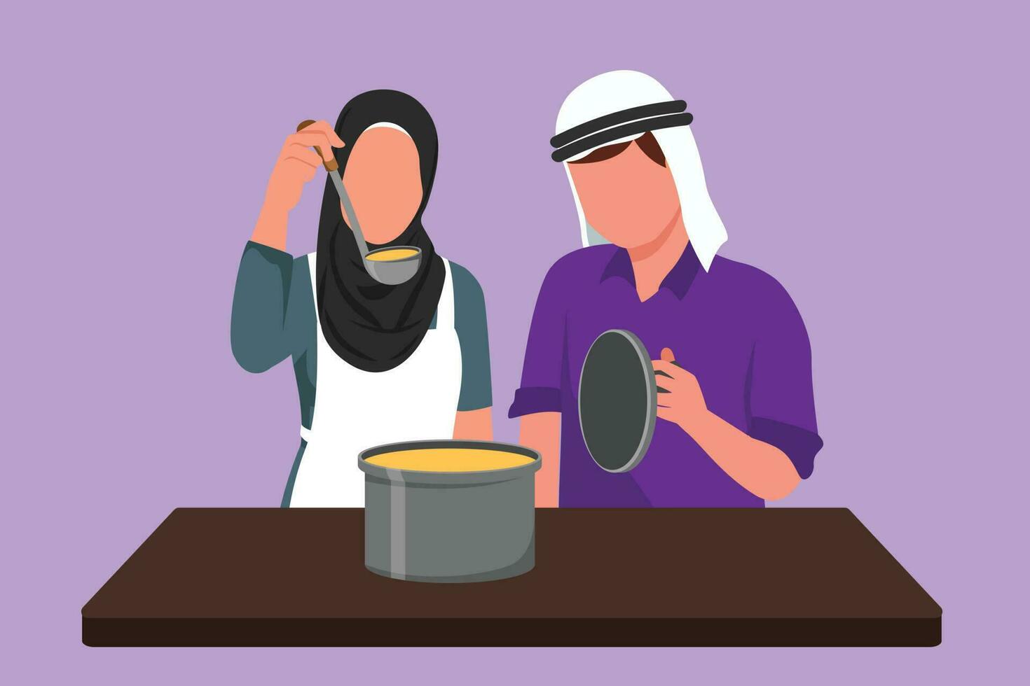 Character flat drawing handsome husband holding pan lid and his beauty wife tasting food using cooking spoon. Happy Arab couple cooking together in kitchen at home. Cartoon design vector illustration