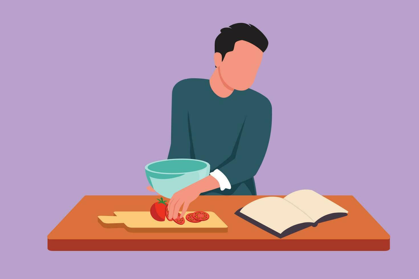 personaje plano dibujo joven hombre Cocinando comida mientras leyendo tutorial libro en acogedor cocina mesa a hogar. contento marido preparando sano comida para familia desayuno. dibujos animados diseño vector ilustración