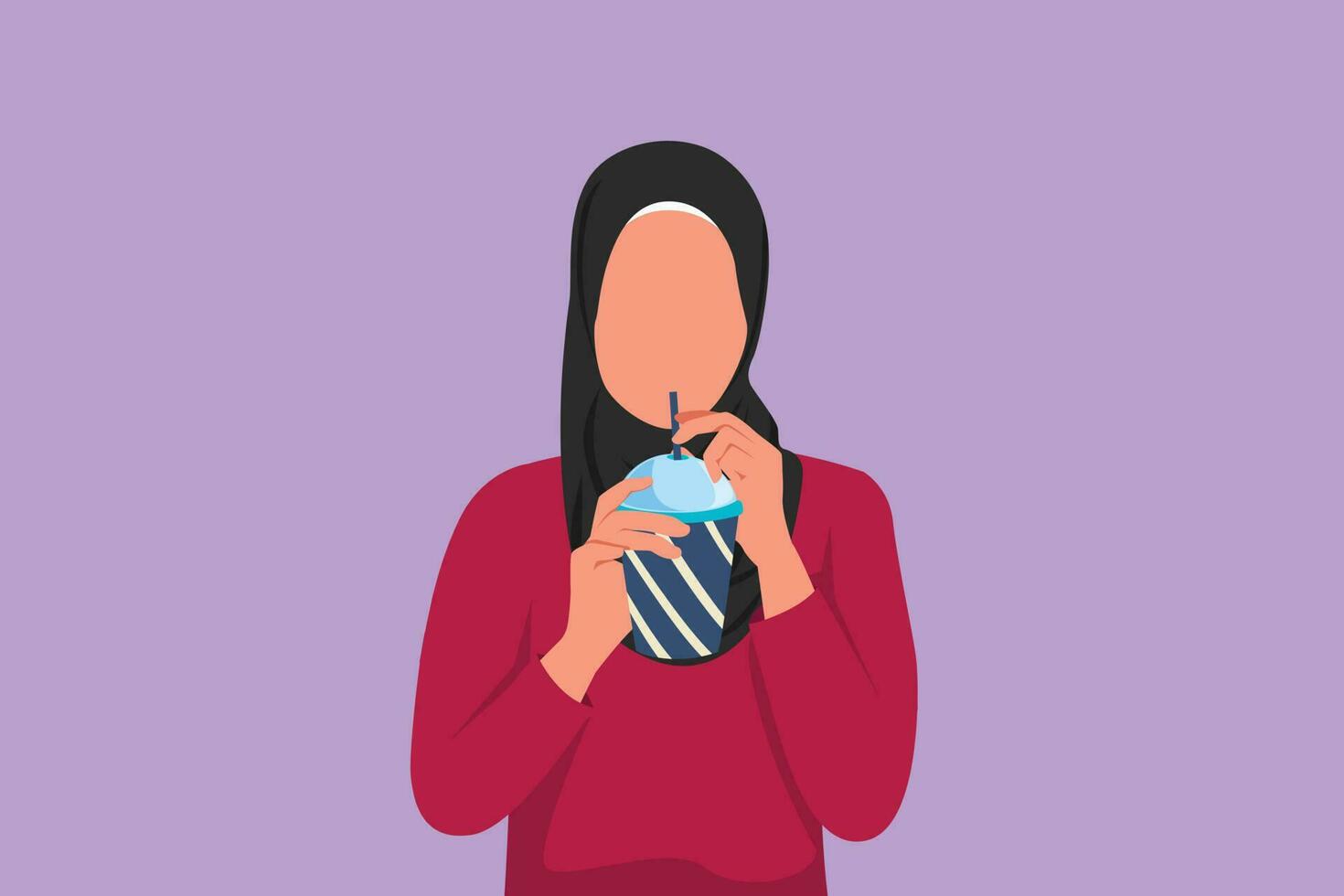 Cartoon flat style drawing portrait of woman holding plastic cup and drink orange juice in hot summer. Busy time at office hour. Arab female feels thirsty at work. Graphic design vector illustration