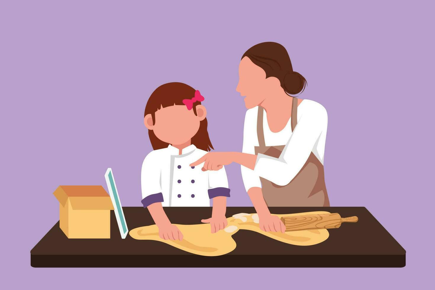 Character flat drawing of happy mother and daughter cooking together while watching tutorial from tablet or smartphone. Learn to cook with modern digital technology. Cartoon design vector illustration