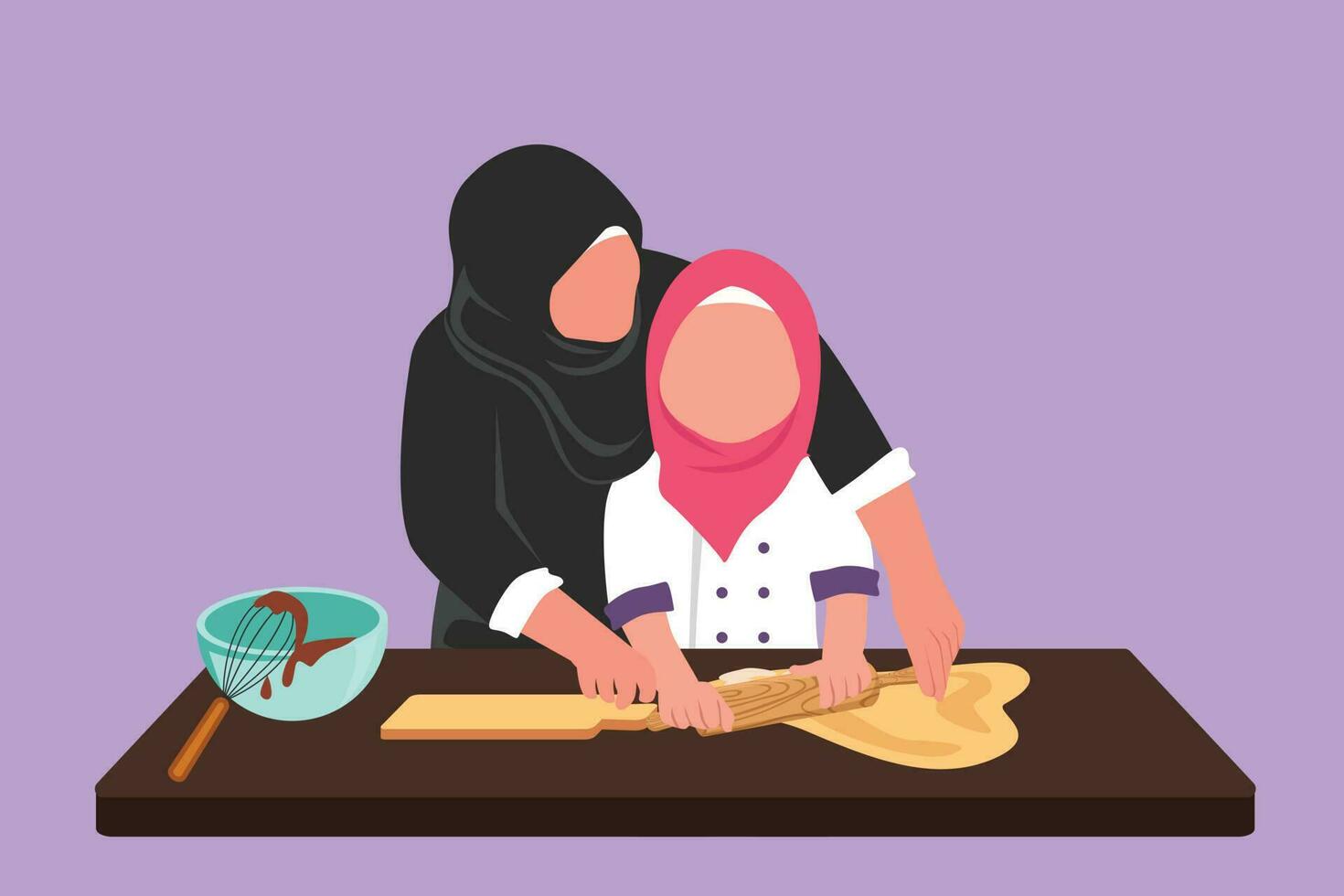 Graphic flat design drawing beautiful Arabian mom and daughter are playing and smiling while baking in kitchen at home. Happy mother and little girl cooking together. Cartoon style vector illustration