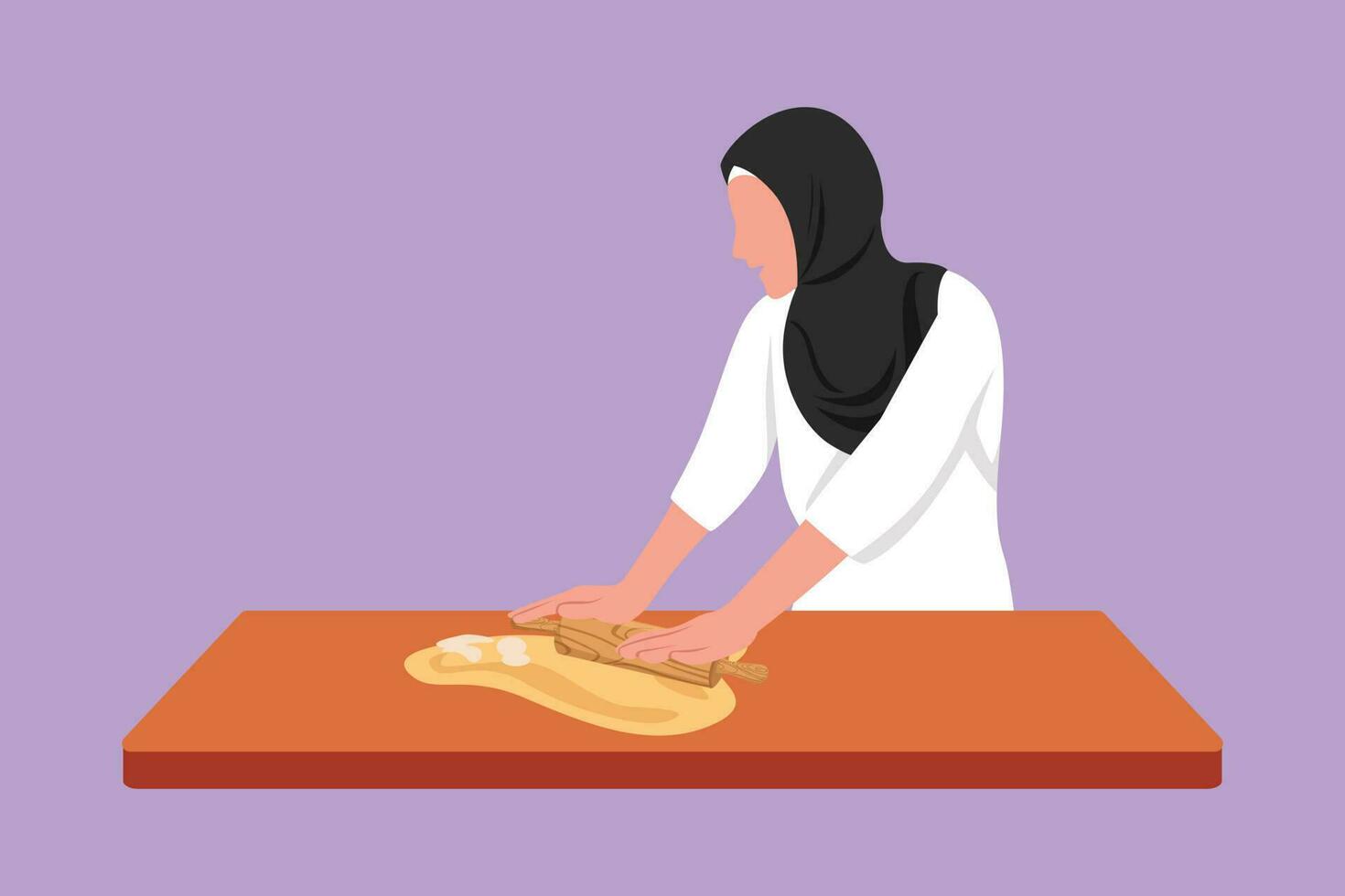 Graphic flat design drawing Arab woman making cookie dough using rolling pin at kitchen table. Happy wife making bakery and homemade pizza for family dinner at home. Cartoon style vector illustration