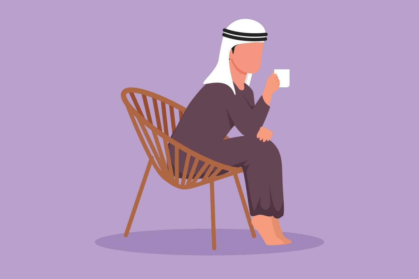 dibujos animados plano estilo dibujo lado ver de relajado árabe chico sentado en salón silla, acecho televisión en gratis hora con café. té hora o tomar descanso después oficina hora. gráfico diseño vector ilustración