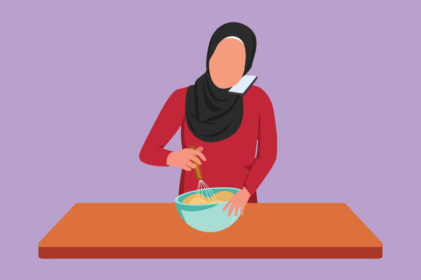 Cartoon flat style drawing Arab woman talks on smartphone while preparing dinner while standing in kitchen and knead cake dough using manual hand mixer. Fun cooking. Graphic design vector illustration