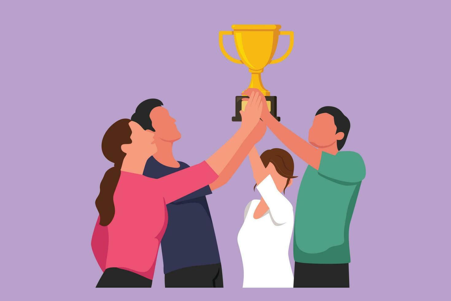 Character flat drawing business team holding winning trophy of best company competition. Happy group of employee with achievement, successful, business performance. Cartoon design vector illustration