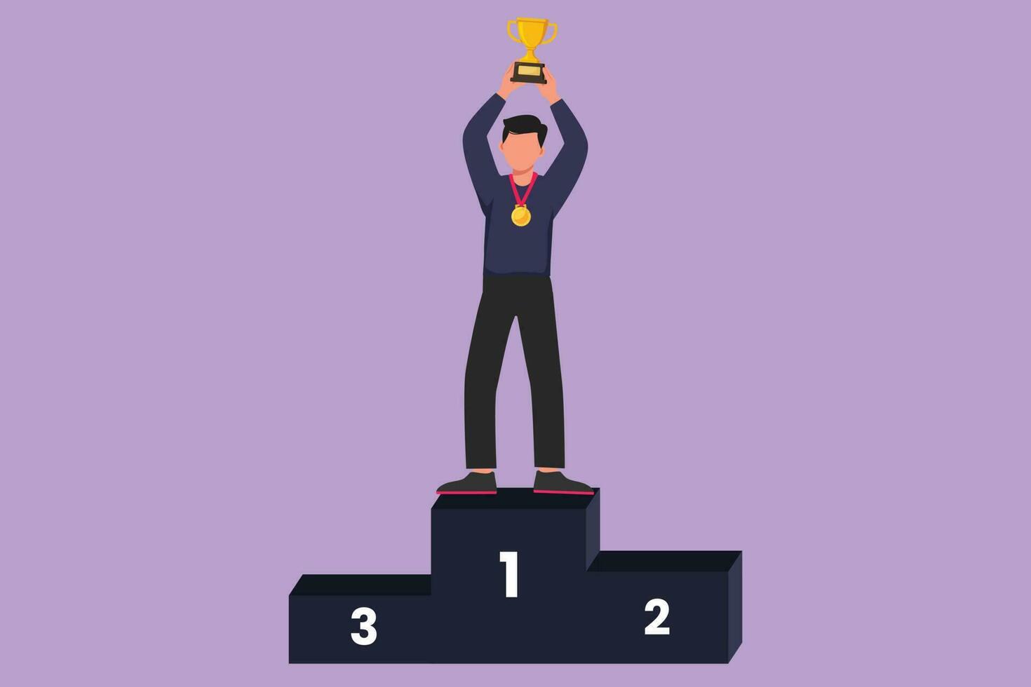 Cartoon flat style drawing of happy male athlete wearing sports jersey lifting golden trophy with both hands on podium. Celebrating victory of national championship. Graphic design vector illustration