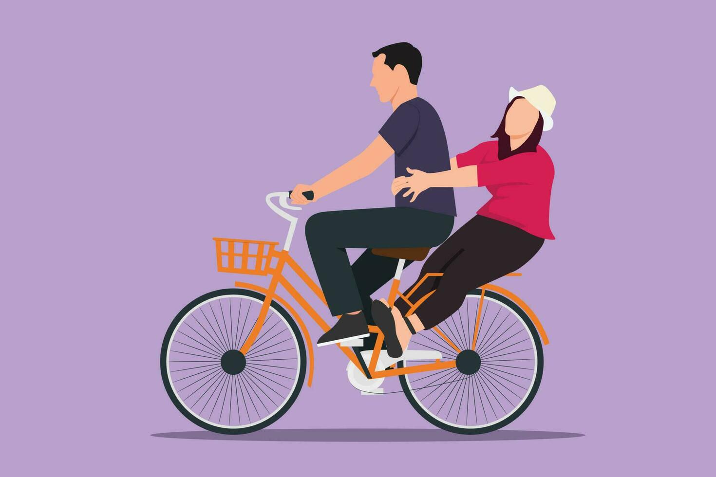 Cartoon flat style drawing side view of couple have fun riding on bike. Romantic cycling couple holding hands. Husband and wife riding bike together on wedding day. Graphic design vector illustration
