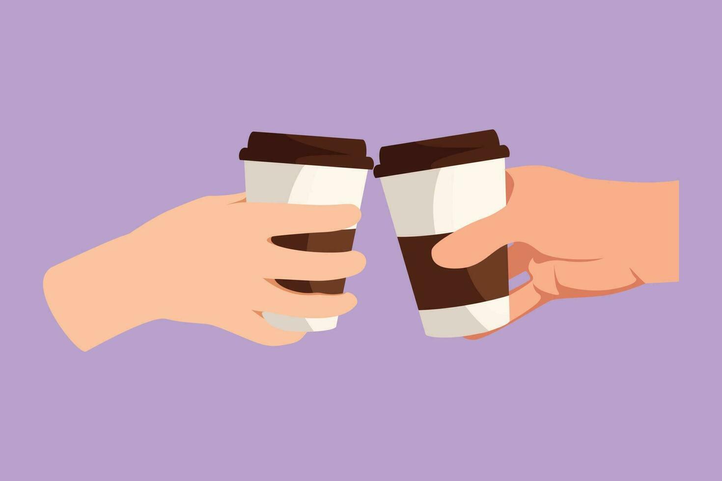 Graphic flat design drawing romantic couple is toasting with paper cup and drink coffee. Habit of drinking coffee in morning at home before office working activities. Cartoon style vector illustration