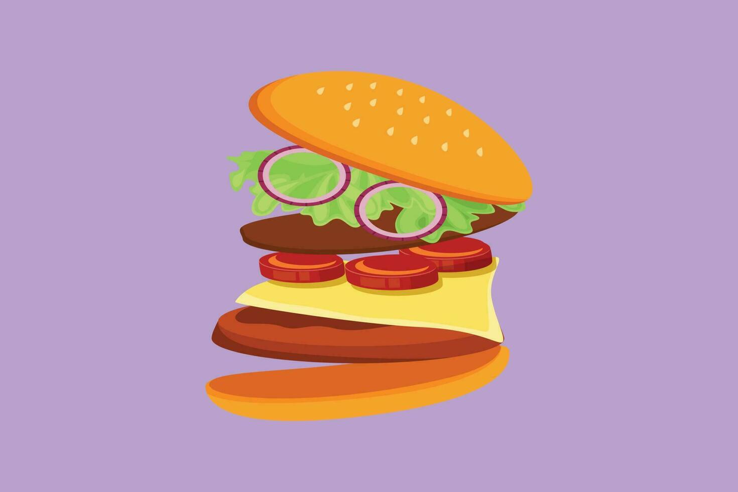 Graphic flat design drawing fresh delicious American burger restaurant logo emblem. Fast food beef burger cafe shop. Fast food beefburger menu and restaurant badge. Cartoon style vector illustration