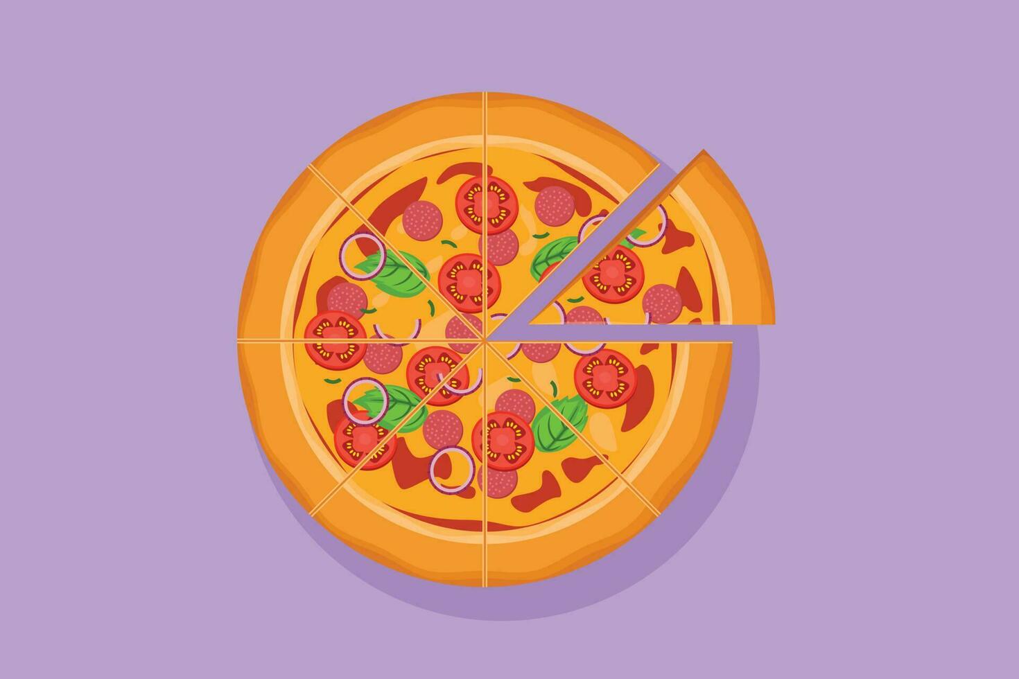 Graphic flat design drawing fresh delicious Italy pizza restaurant logo badge. Fast food Italian pizzeria cafe shop logotype template label flyer sticker icon symbol. Cartoon style vector illustration