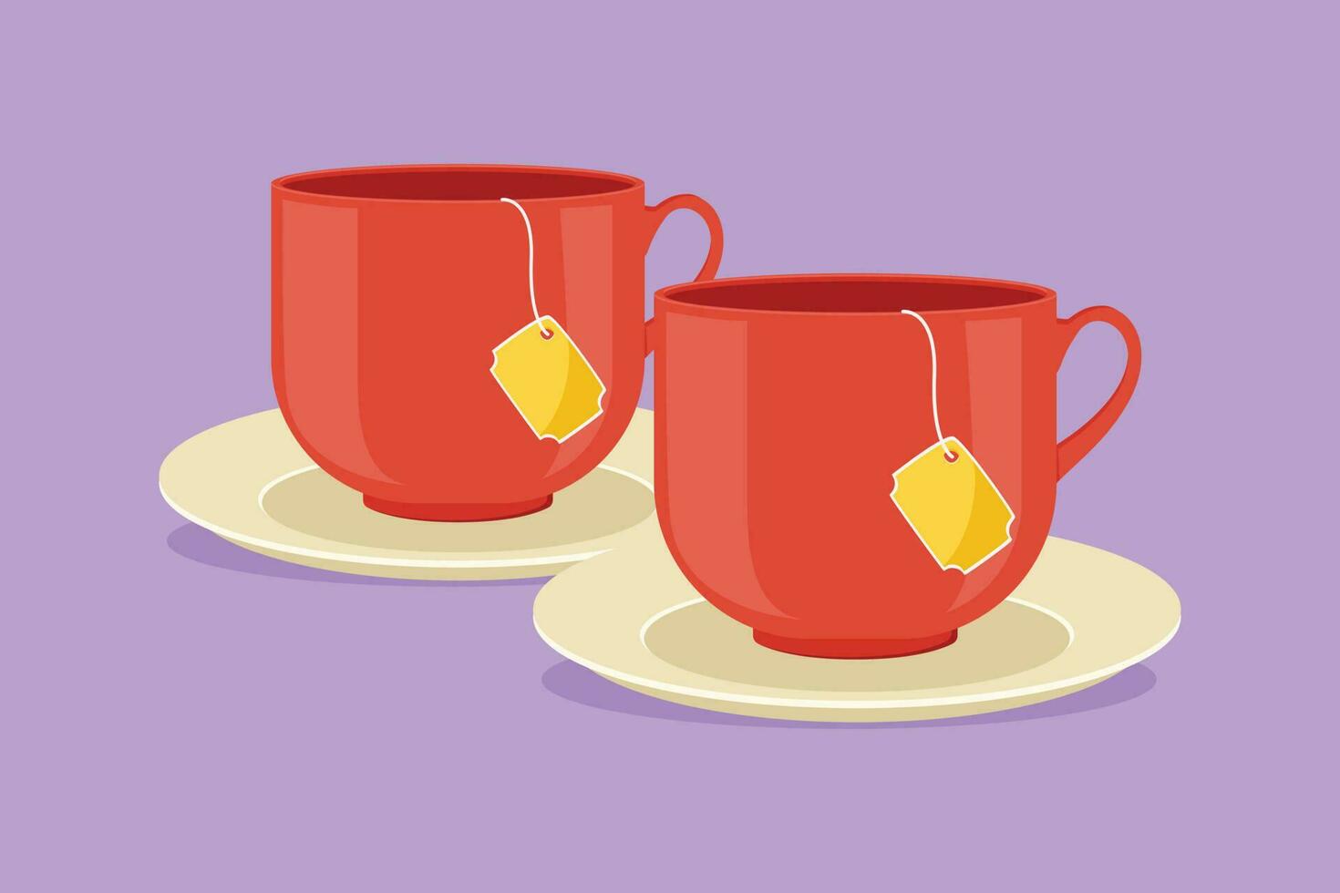 Cartoon flat style drawing stylized cup of tea with teabag and drink coasters icon, flyer, sticker, symbol. Emblem tea shop logo concept for cafe and beverage store. Graphic design vector illustration