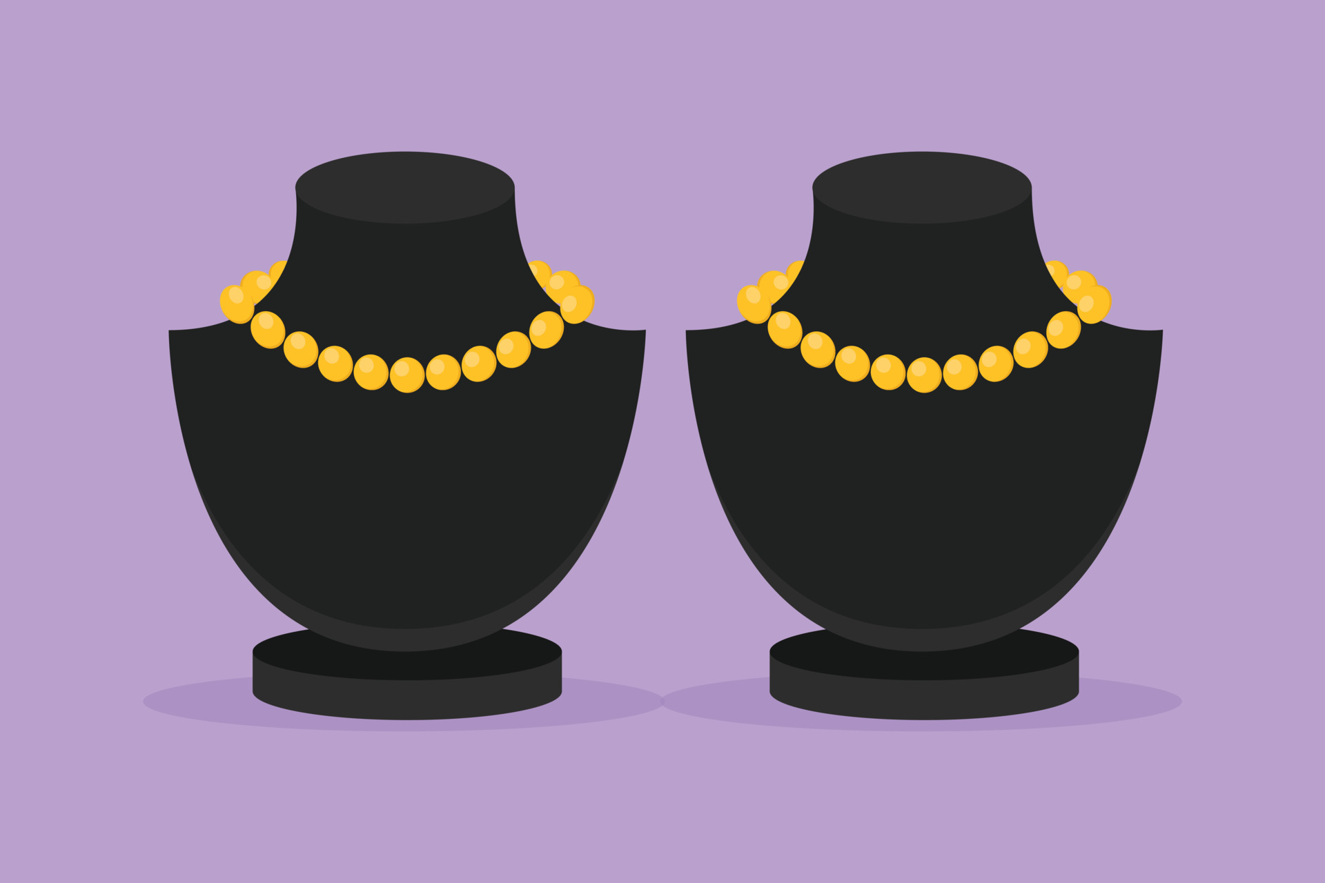 Graphic flat design drawing of stylized necklace stands with jewellery