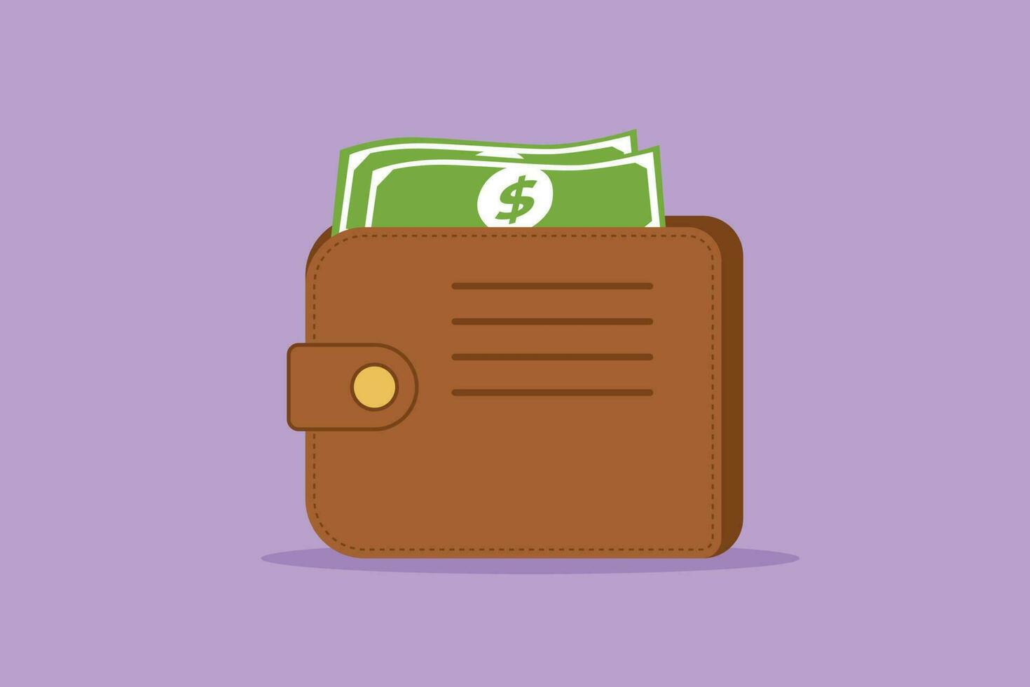 Cartoon flat style drawing brown wallet with green paper money. Wallet with money dollar bank note flat design isolated. Wallet with money. Online payment concept. Graphic design vector illustration