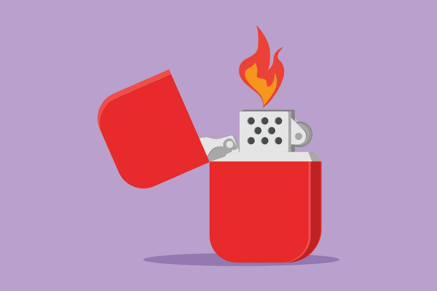 Cartoon flat style drawing metal cigarette lighter logotype, label, template, symbol. Fire from lighter icon. Manual, gas lighter with burning flame in flat style. Graphic design vector illustration