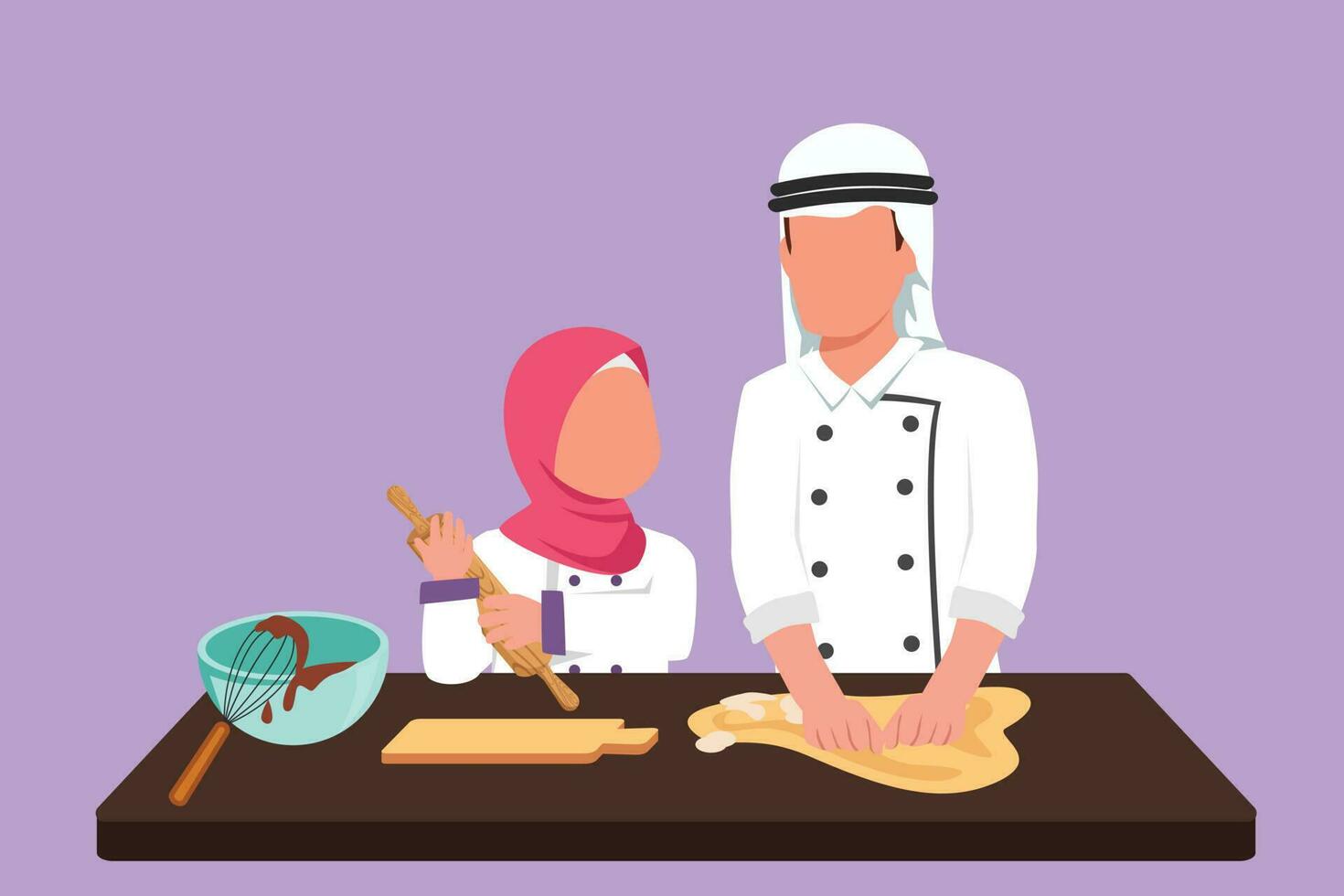 Graphic flat design drawing happy Arab father and daughter wearing apron cook in kitchen. Dad and little girl enjoying kneading cake dough or bakery together at home. Cartoon style vector illustration