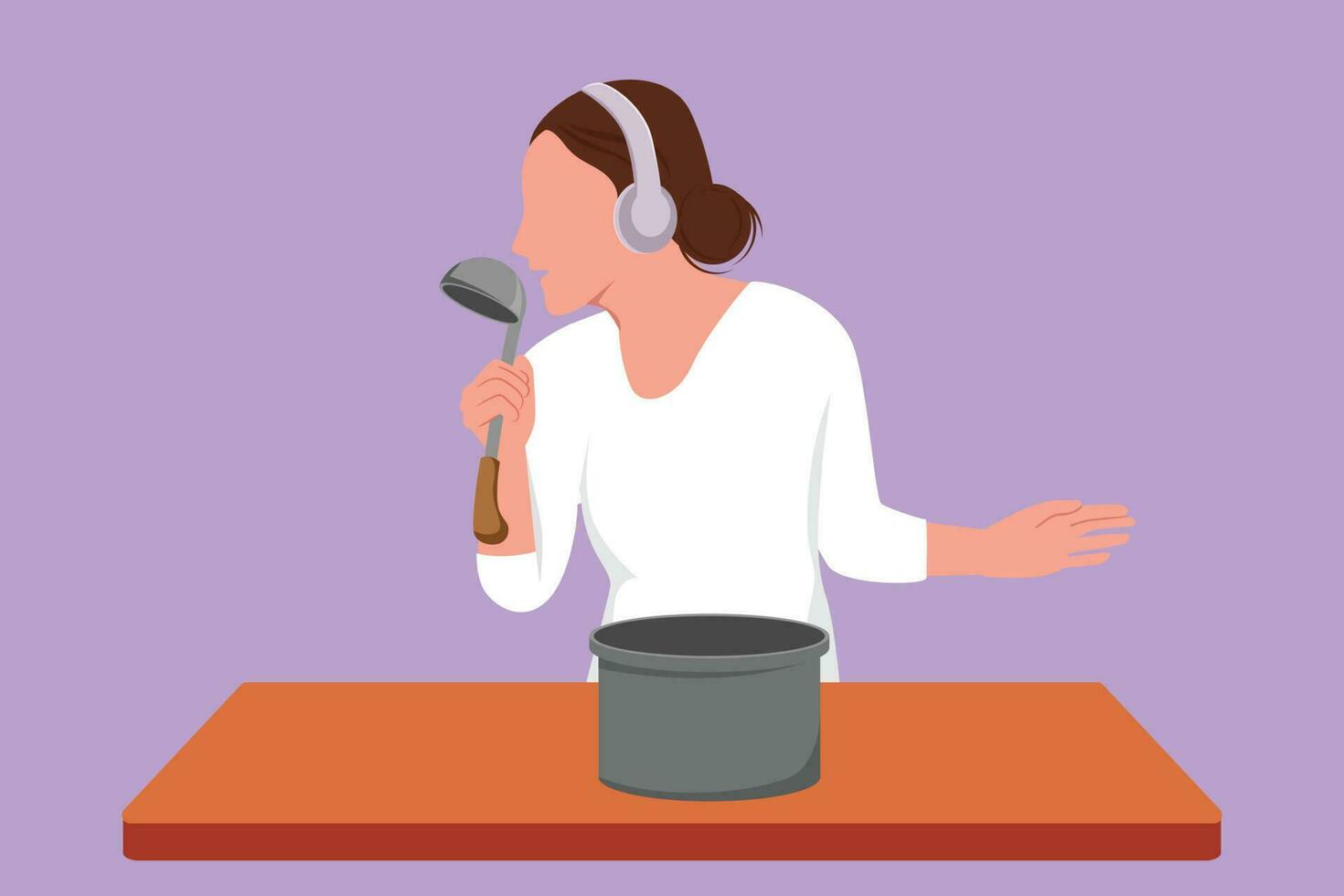 Graphic flat design drawing beauty woman begin prepare family dinner while singing like rock