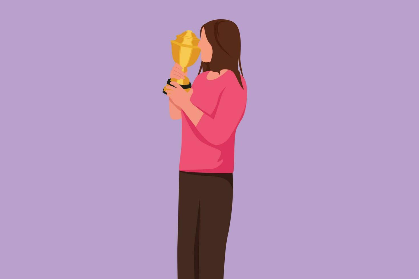 Graphic flat design drawing happy young female athlete wearing jersey kissing national sport competition championship trophy. Proud achievement and successful people. Cartoon style vector illustration