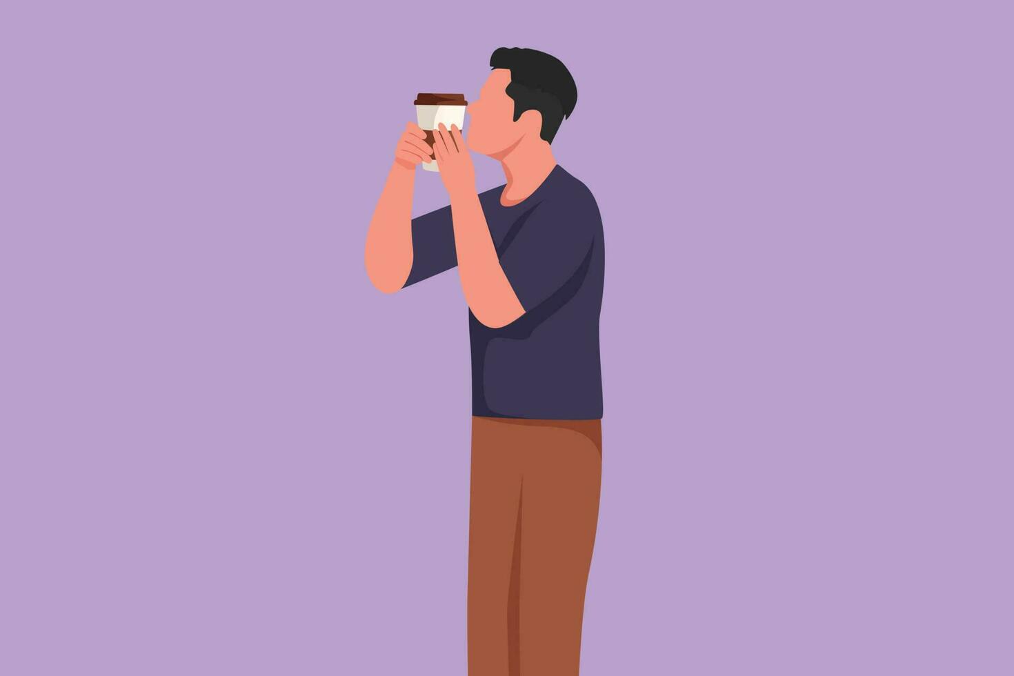 gráfico plano diseño dibujo activo hermoso hombre en pie y besos desechable café taza o papel taza. café producto estudio foto sesión. café adicto concepto. dibujos animados estilo vector ilustración