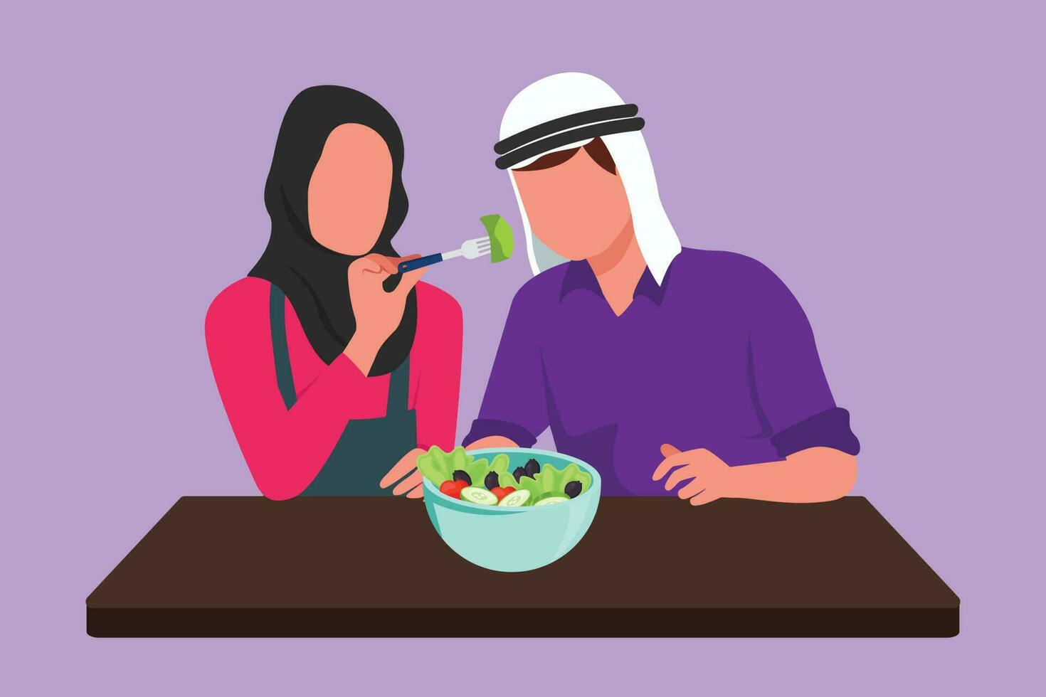 Character flat drawing beautiful wife feed her husband food, in front of him is bowl filled with salad. Happy Arab couple cooking together in cozy kitchen at home. Cartoon design vector illustration