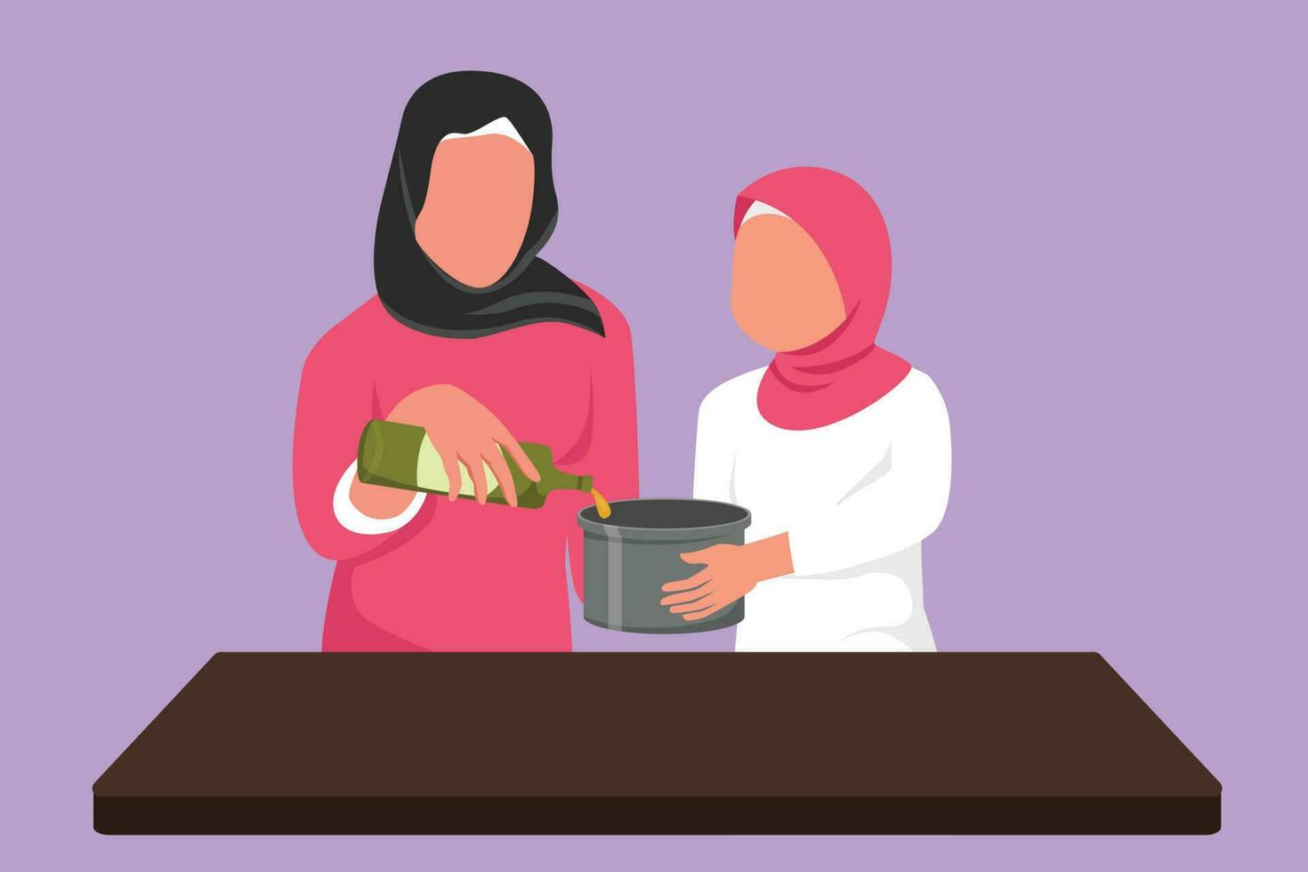 personaje plano dibujo de contento árabe madre y pequeño hija verter petróleo dentro pan cuales es siendo retenida por uno de a ellos. Cocinando preparación en acogedor cocina a hogar. dibujos animados diseño vector ilustración