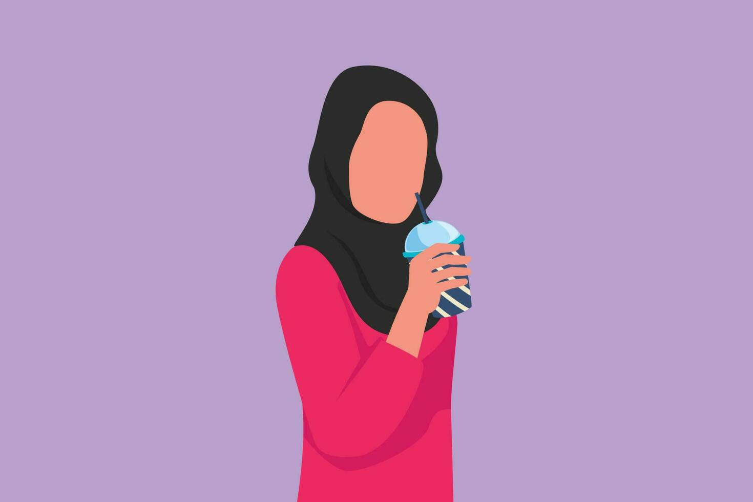 dibujos animados plano estilo dibujo belleza árabe mujer bebida frío naranja jugo desde el plastico taza. ocupado hora a oficina hora. hembra sensación sediento y tratar a actualizar en verano. gráfico diseño vector ilustración
