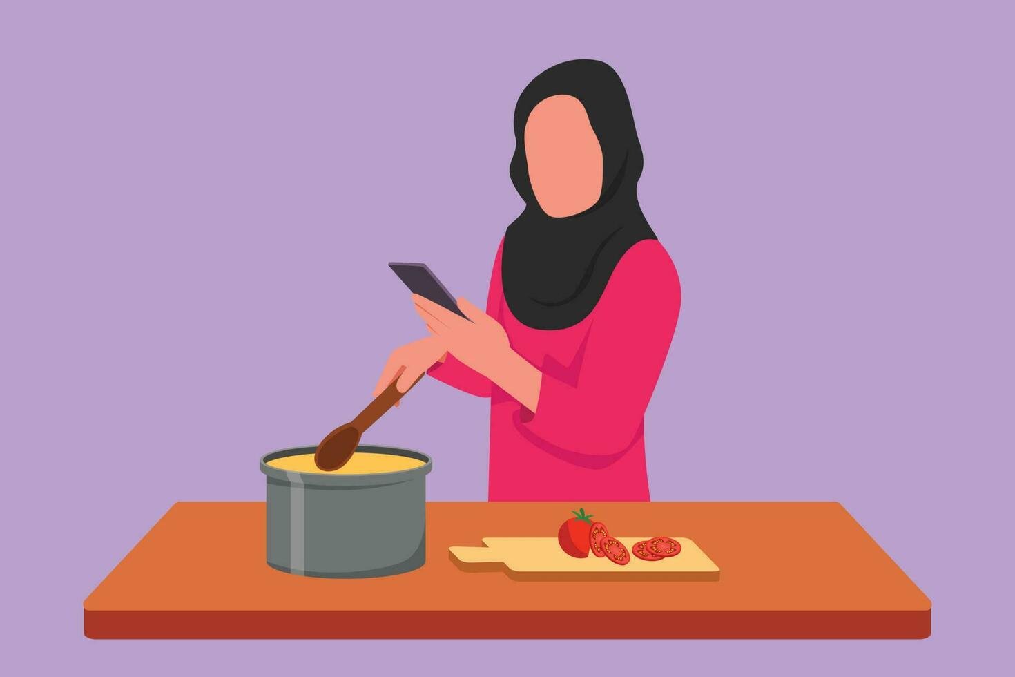 Cartoon flat style drawing beauty wife cooking while looking at tutorial on smartphone. Arab woman learn to cook with modern technology. Prepare delicious meal food. Graphic design vector illustration