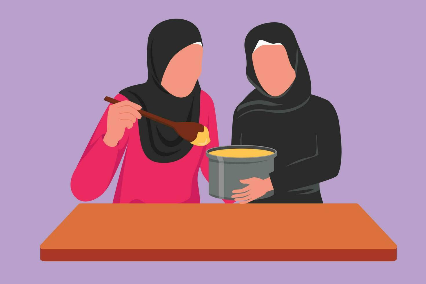 Character flat drawing two Arabian woman enjoying smell of cooking from pot. Friends prepare food for lunch at cozy kitchen. Cooking at home. Healthy food concept. Cartoon design vector illustration