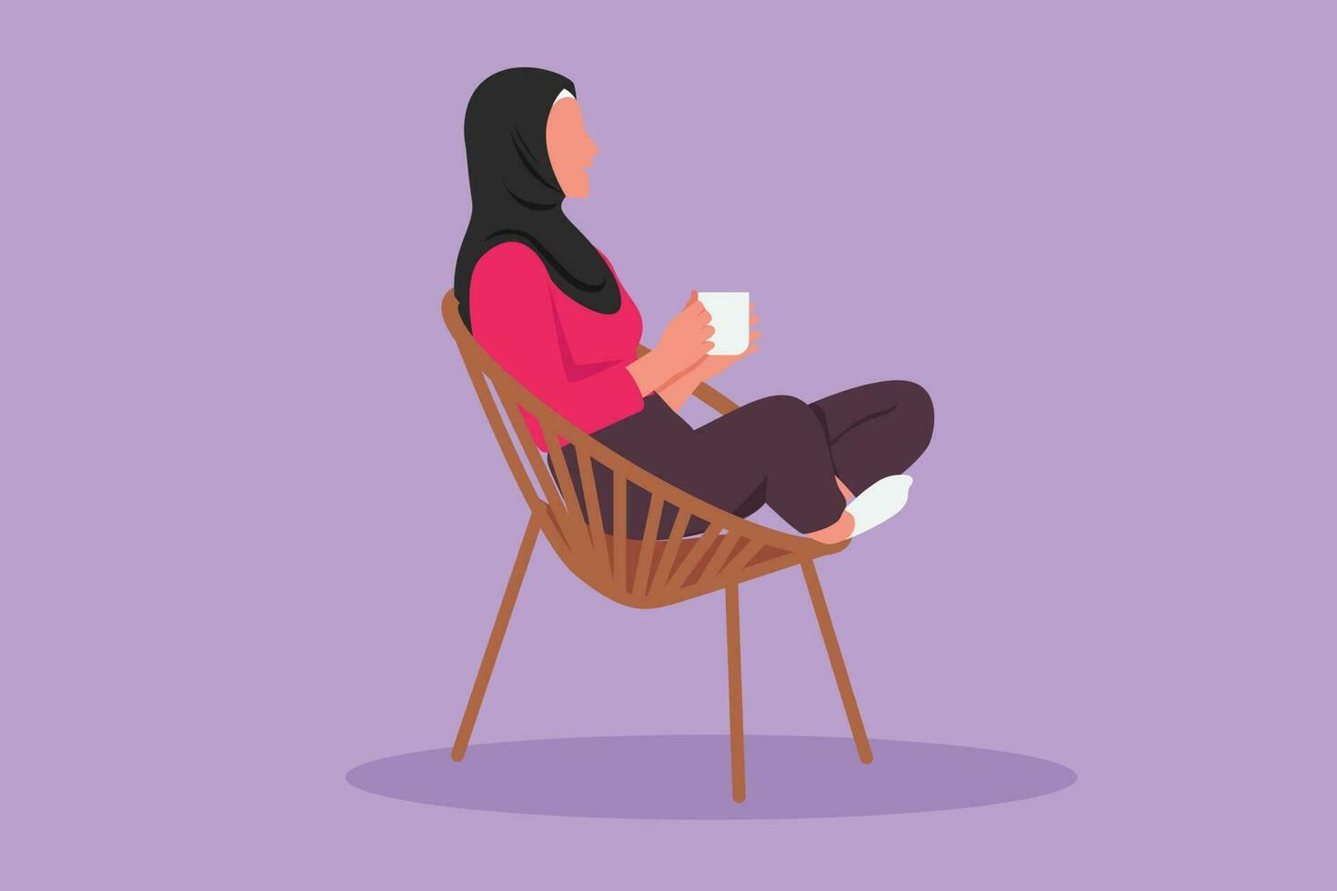 Graphic flat design drawing side view of relaxed Arabian woman sitting in lounge chair, enjoying free time with hot coffee. Tea time or take break after office hour. Cartoon style vector illustration