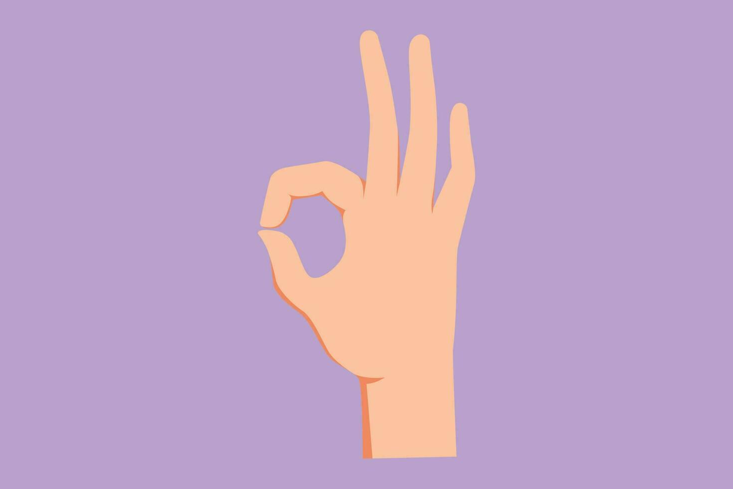 Graphic flat design drawing of hand showing okay or perfect gesture. Number three hand count. Learn to count numbers. Nonverbal signs or symbols for human education. Cartoon style vector illustration