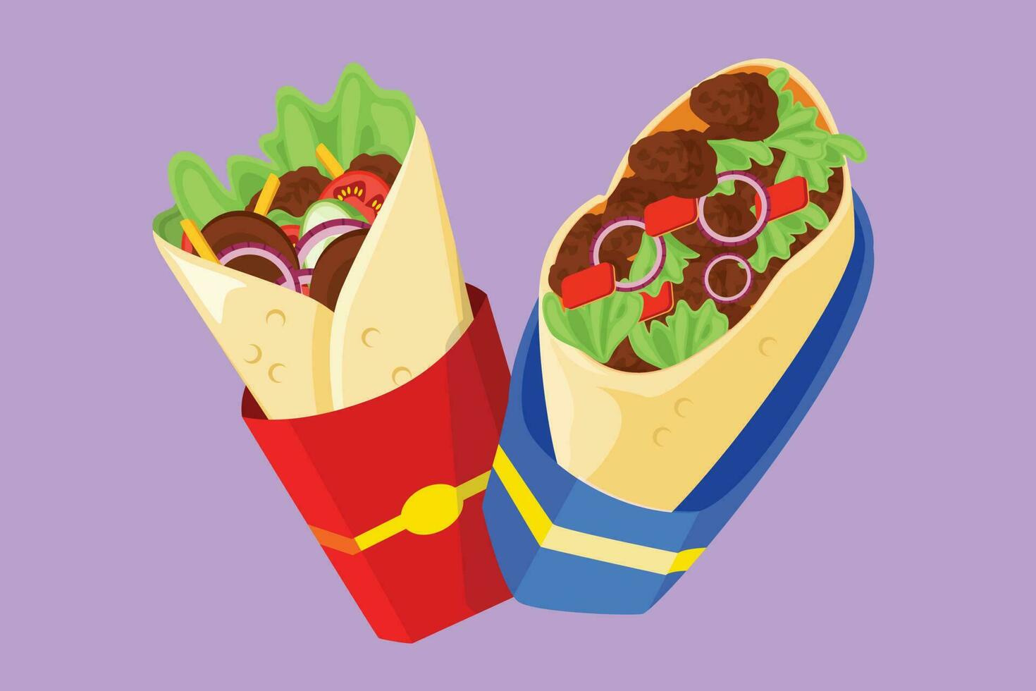 Graphic flat design drawing two fresh delicious shawarma online restaurant logo emblem. Delicious Arabic roll with meat, salad, tomato. Kebab with chicken and onion. Cartoon style vector illustration