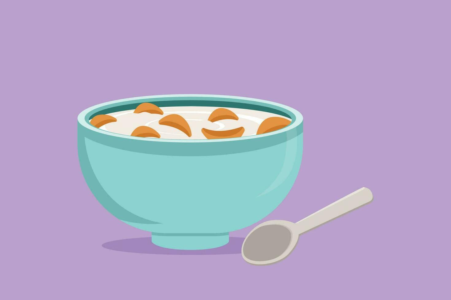 Cartoon flat style drawing stylized bowl of cereal breakfast with fresh milk. Healthy whole wheat food concept. Health food nutrition. For flyer, icon, logo, symbol. Graphic design vector illustration