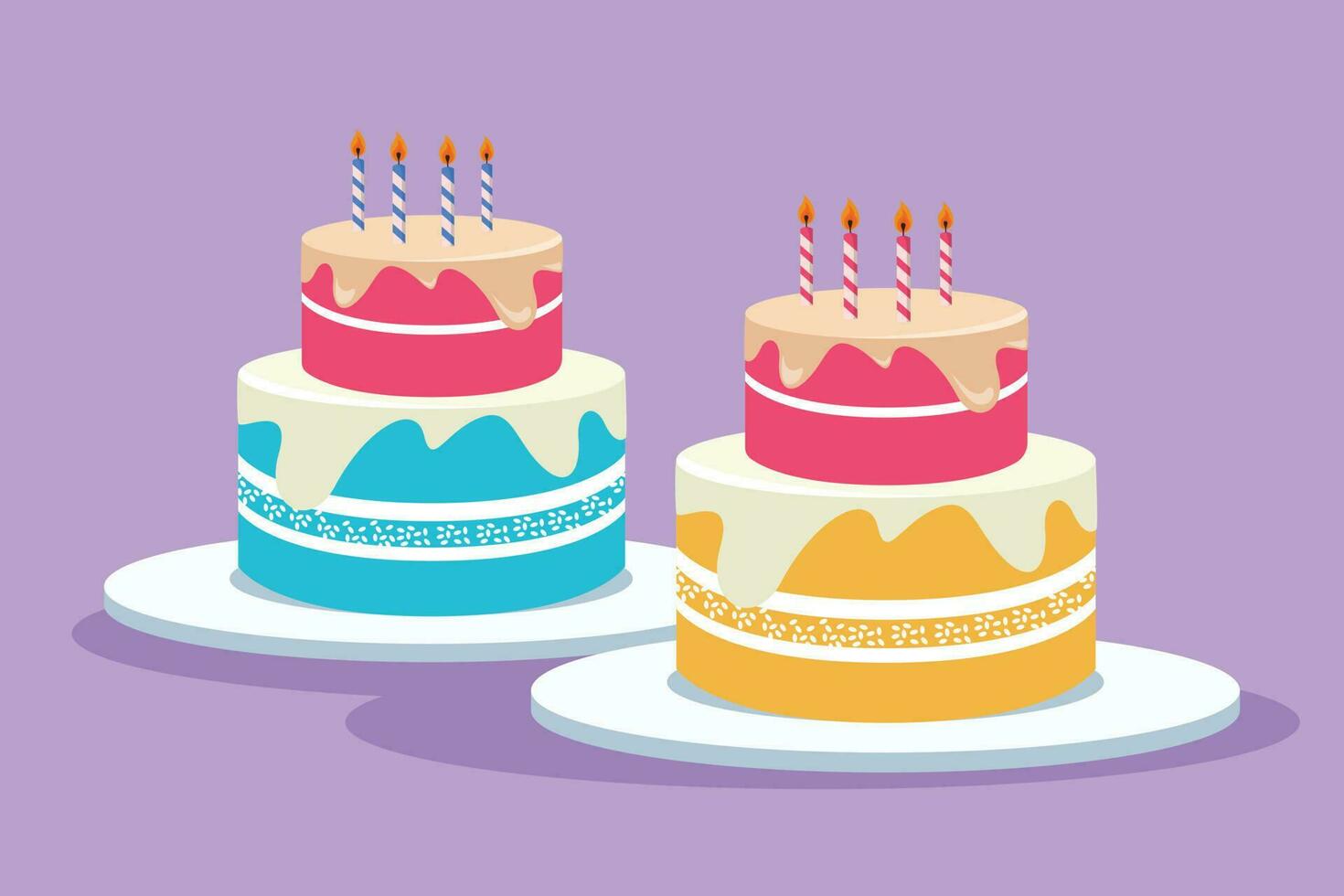 dibujos animados plano estilo dibujo Fresco delicioso hogar hecho cumpleaños pastel con velas encima modelo. Pastelería confitería Insignia concepto para café o comida entrega servicio. gráfico diseño vector ilustración