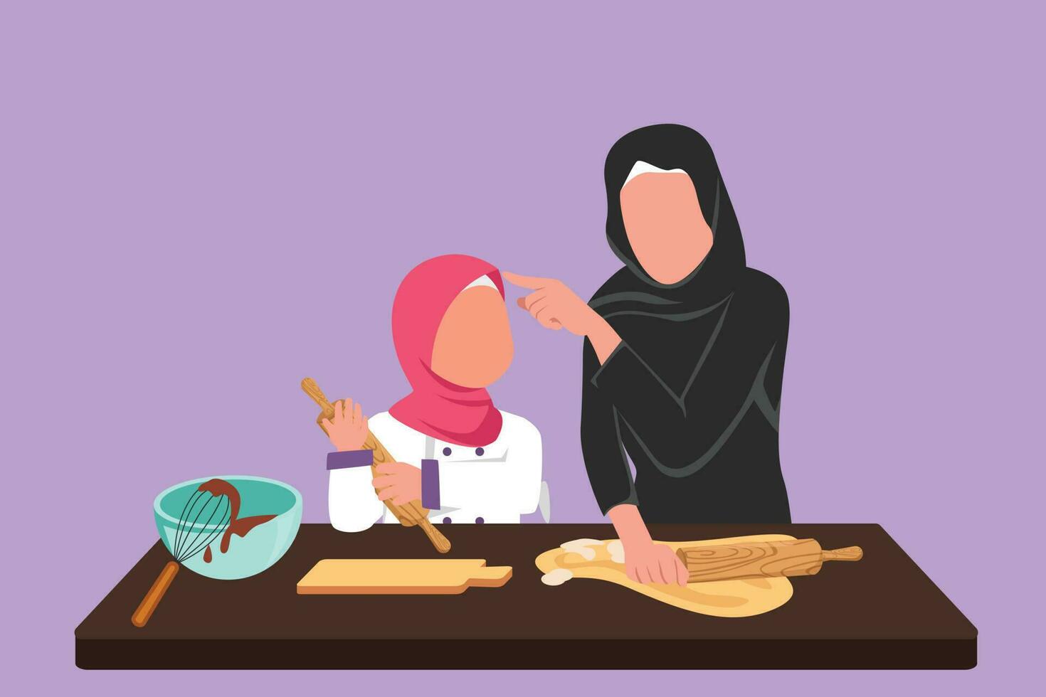 Graphic flat design drawing Arab mother and daughter wearing apron cook in kitchen. Mom and her little girl enjoying kneading cake dough or bakery together at home. Cartoon style vector illustration