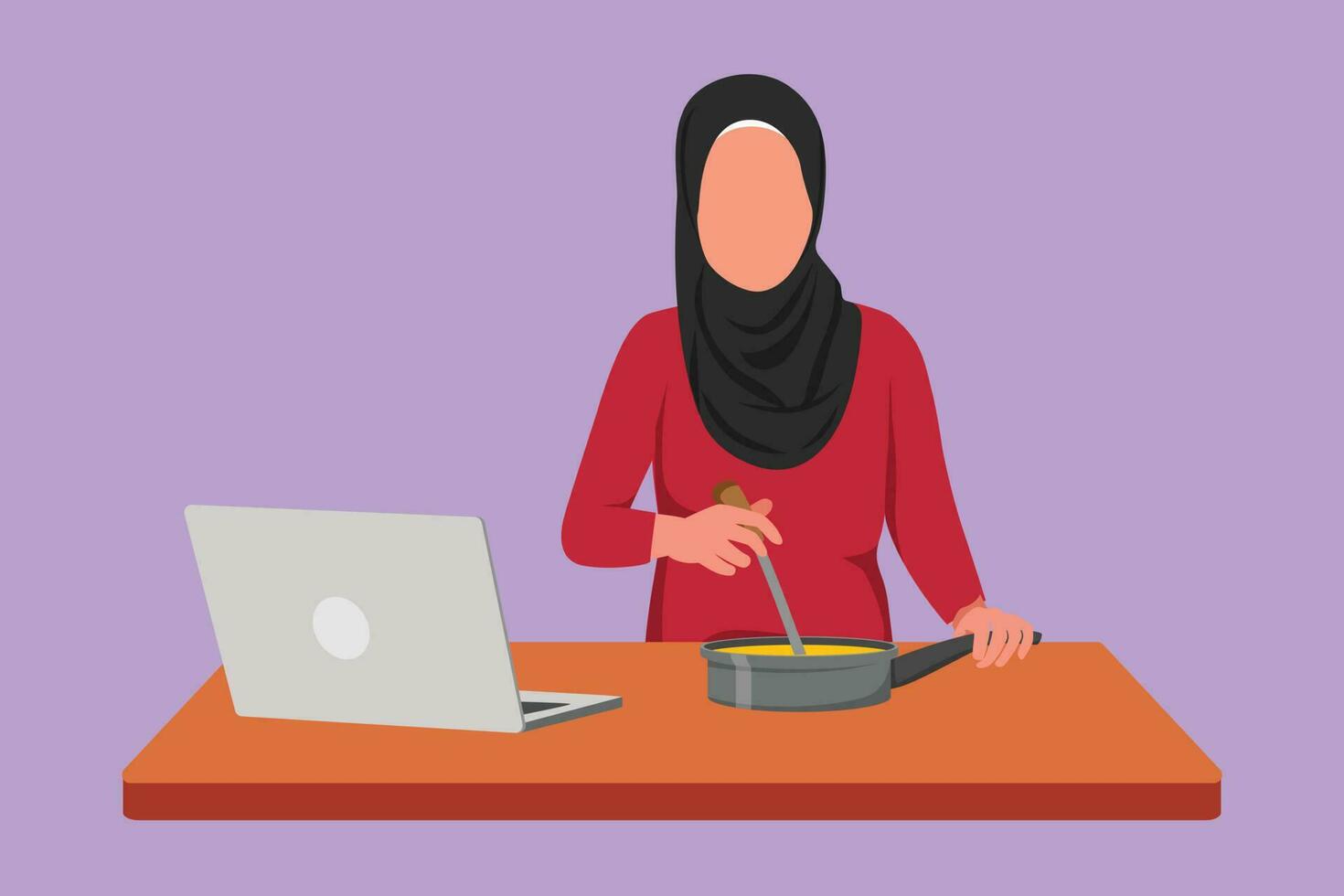 Graphic flat design drawing Arabian woman cooking delicious meal for dinner and has video call conversation in kitchen. Female talking with friend using laptop app. Cartoon style vector illustration