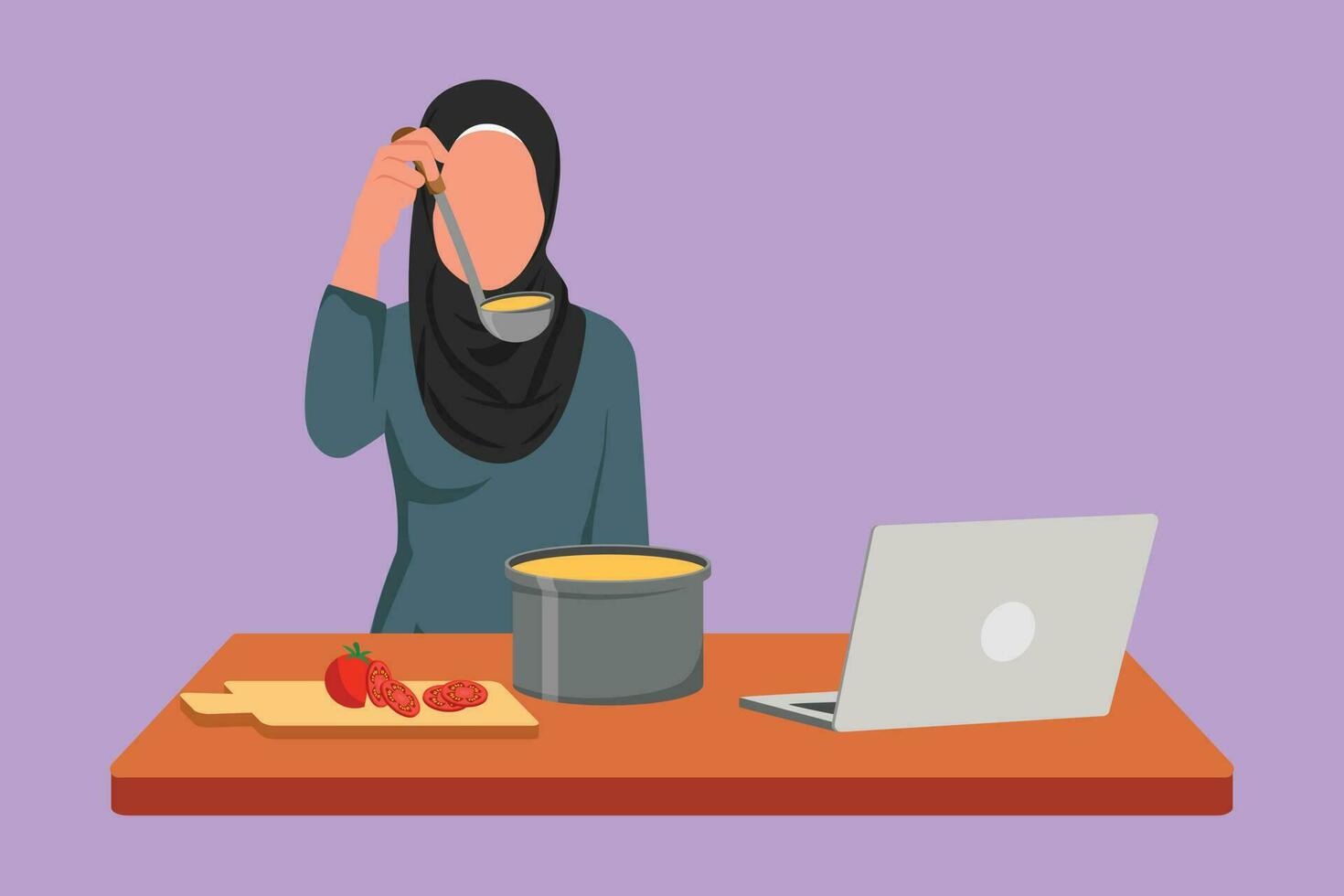 Graphic flat design drawing Arab housewife mixing tomato sauce, tasting, relish meal with wooden spatula. Prepare food at kitchen while watching tutorial on laptop. Cartoon style vector illustration