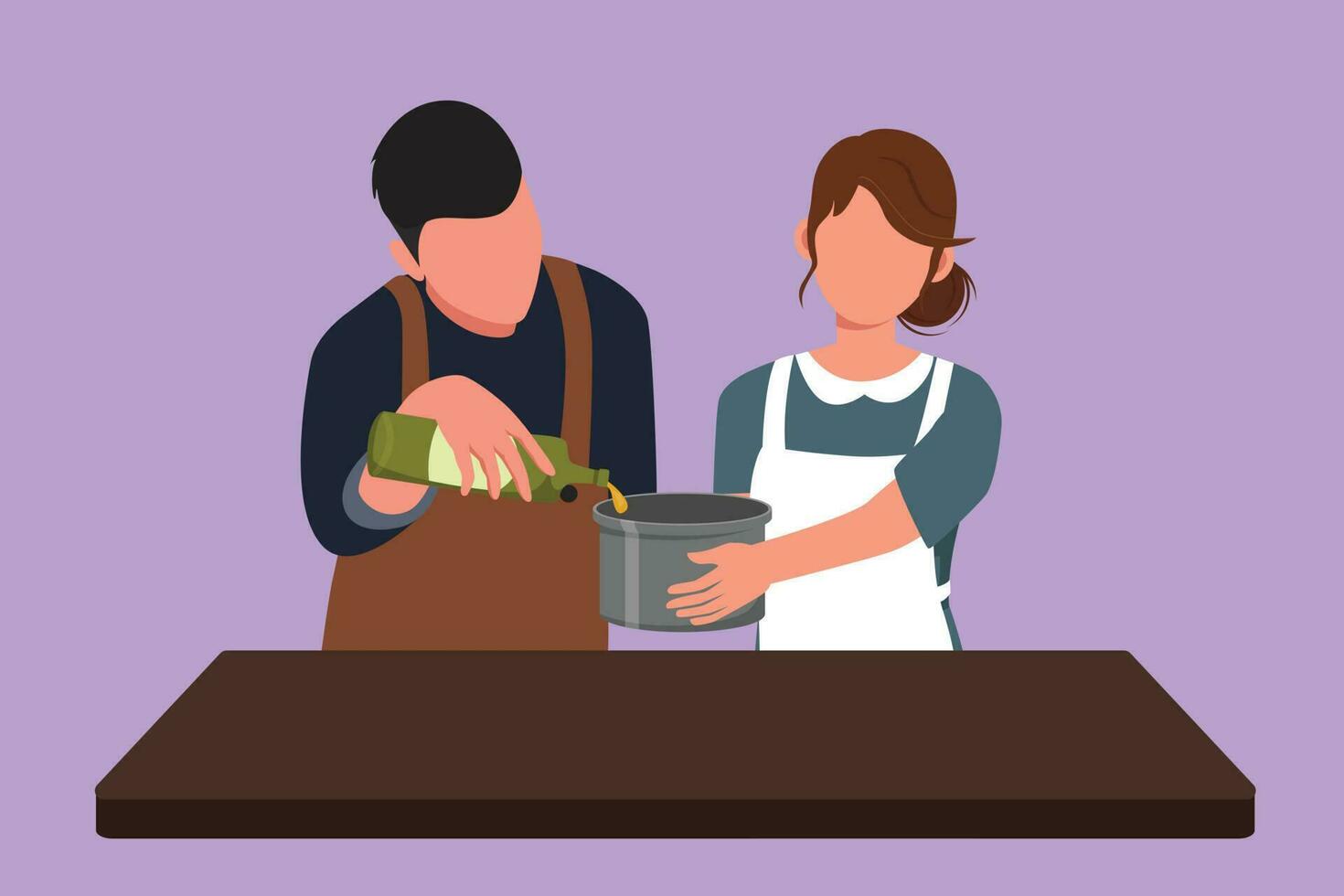 gráfico plano diseño dibujo de contento romántico Pareja verter petróleo dentro pan cuales es siendo retenida por uno de a ellos. hombre mujer con Cocinando preparación en acogedor cocina a hogar. dibujos animados estilo vector ilustración