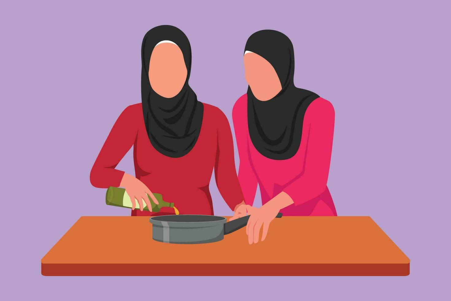 personaje plano dibujo dos árabe mujer torrencial Cocinando petróleo desde botella dentro fritura pan en cocina. amigos preparar sano comida para almuerzo en cocina. Cocinando a hogar. dibujos animados diseño vector ilustración